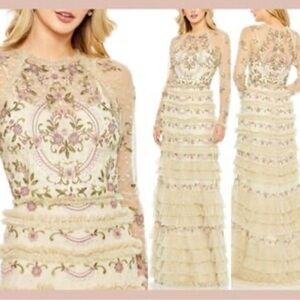 Mac Duggal Cream Gown Floral Embroidery &Long Raglan Sleeves. Bridgeton NWT